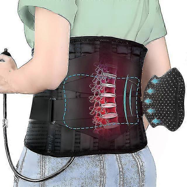 lumbar support belt with inflatable pad relieve waist pain dual adjustable support straps lower back brace for herniated disc Cinturón lumbar inflable negro, vista posterior centrada; faja con correas dobles ajustables y cierre, almohadilla inflable desmontable a la derecha con tubo de inflado conectado, ilustración de columna lumbar superpuesta que muestra soporte y tracción, bandas de refuerzo y costuras visibles. A menudo se usa para aliviar presión en discos lumbares y brindar soporte durante jornadas largas.