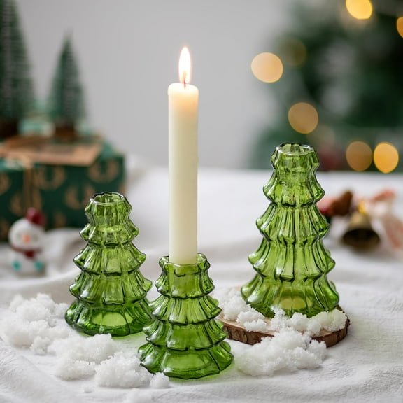 Sziqiqi Christmas Tree Candle Holders Glass Taper Candleholders Set Unique Christmas Decoration Green Table Mantle Fireplace Home Decor Gift for Mom Family Members Friends