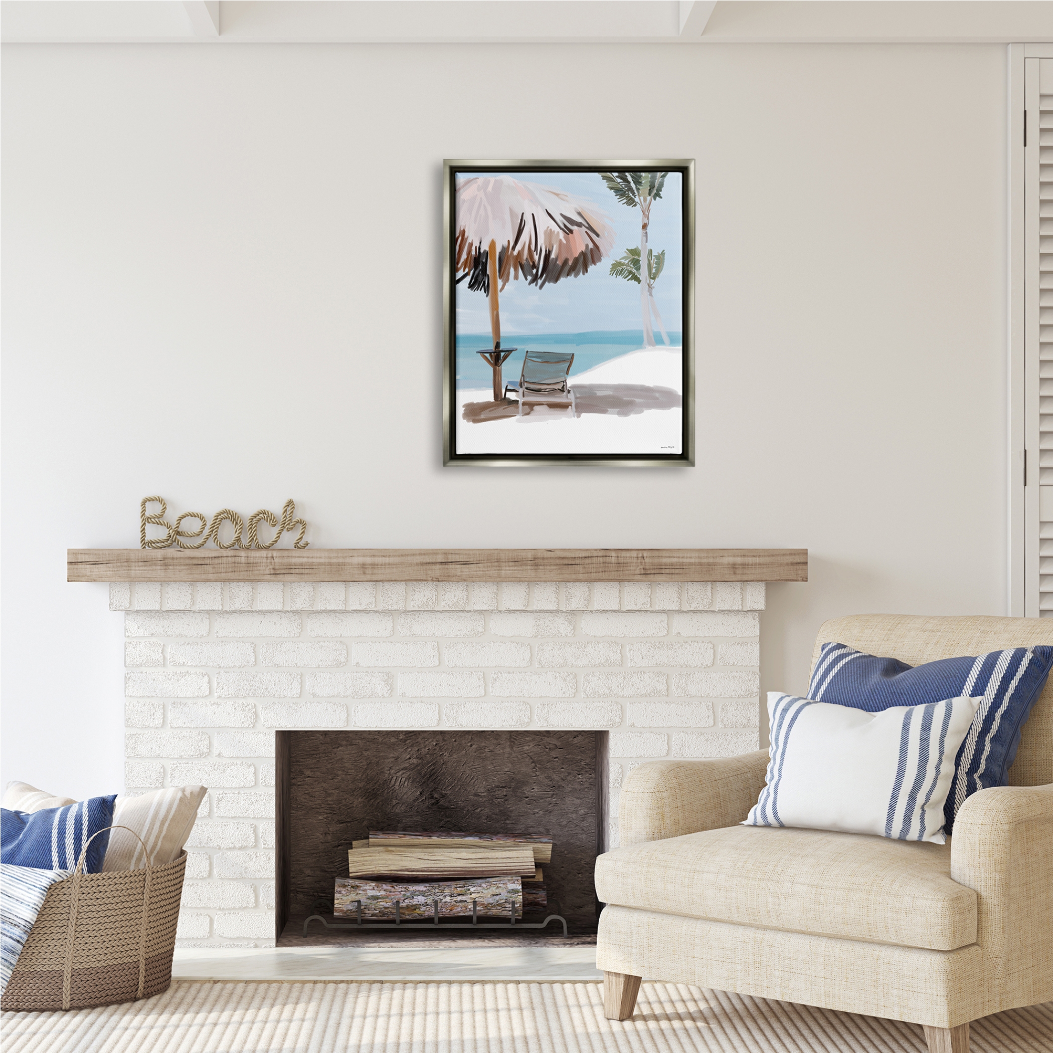 Stupell Industries Tropical Beach Hut Scenery Nature Painting Gray Floater Framed Art Print Wall Art, 25 x 31