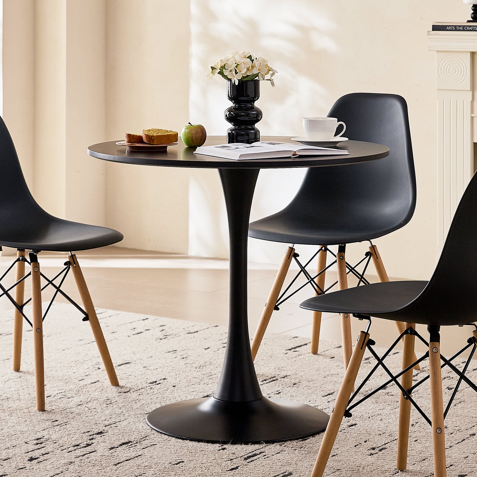 23.6" Small Round Dining Table [Metal Tulip Pedestal Base] Black Modern Kitchen Table for Dining Living Room Apartment Small Space