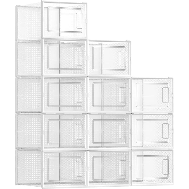 SONGMICS Cajas de Zapatos Plástico, Juego de 12 Organizadores de Almacenamiento, Caja Zapatero Plástico Plegable y Apilable para Zapatillas hasta talla 46, Transparente y Blanco
