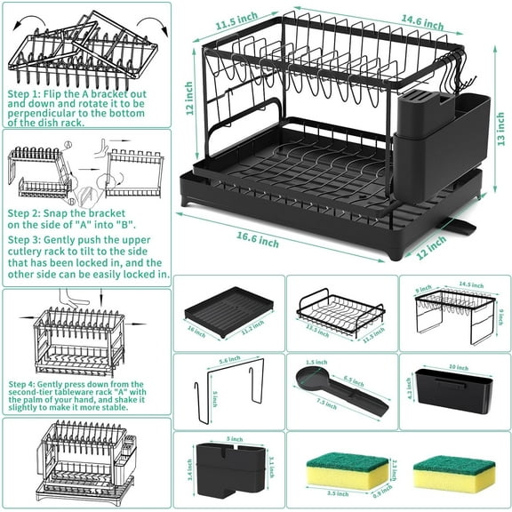 2 Tier Large Dish Drying  with Drainboard, Stainless Steel Dish Drainer for Kitchen Counter, Black