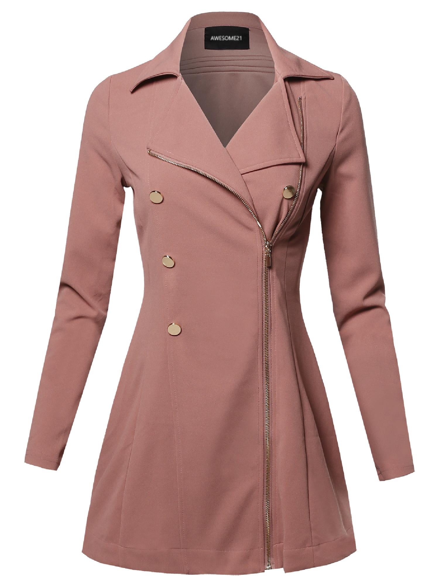 Bulges Womens Turn Down Collar Zip Up Long Trench Coat with Belt