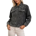 thumbnail image 3 of DHFJKG Women Crop Denim Jacket Fitted Distressed Washed With Pearl Embellishments Button Up Long Sleeve Turndown Collar Cropped Jean Jacket Versatile Coat, 3 of 7