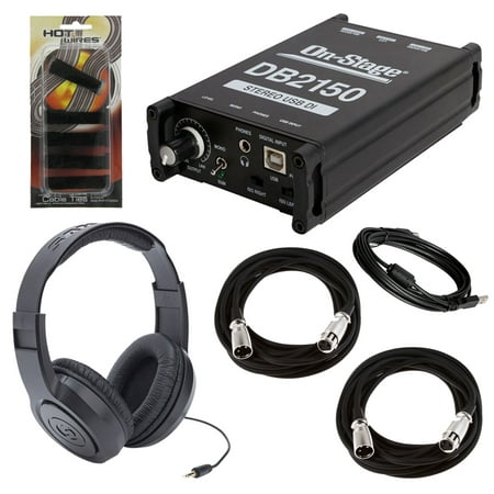 On-Stage DB2150 Stereo USB DI Box + Samson SR350 Over-Ear Stereo Headphones + 2x On Stage Mic Cable, 20 ft. XLR Bulk + On Stage CTA6600 Instrument Cable Ties (5 Pack) – Top Value (Best Stereo Di Box)