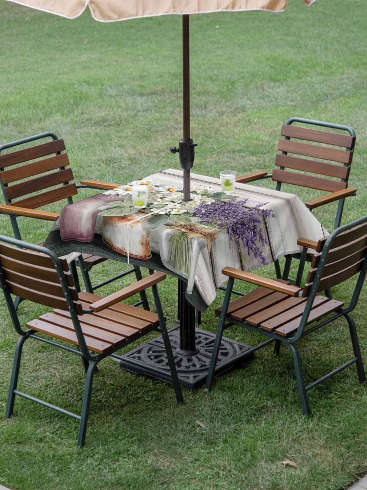Spring Floral Outdoor Tablecloth - 54x54 Inch Square Dining Table Cover, Pastoral Bottle Daisy Lavender Gray Wooden Waterproof Outdoor Table Cloth with Umbrella Hole & Zipper for Picnic/Patio/Party