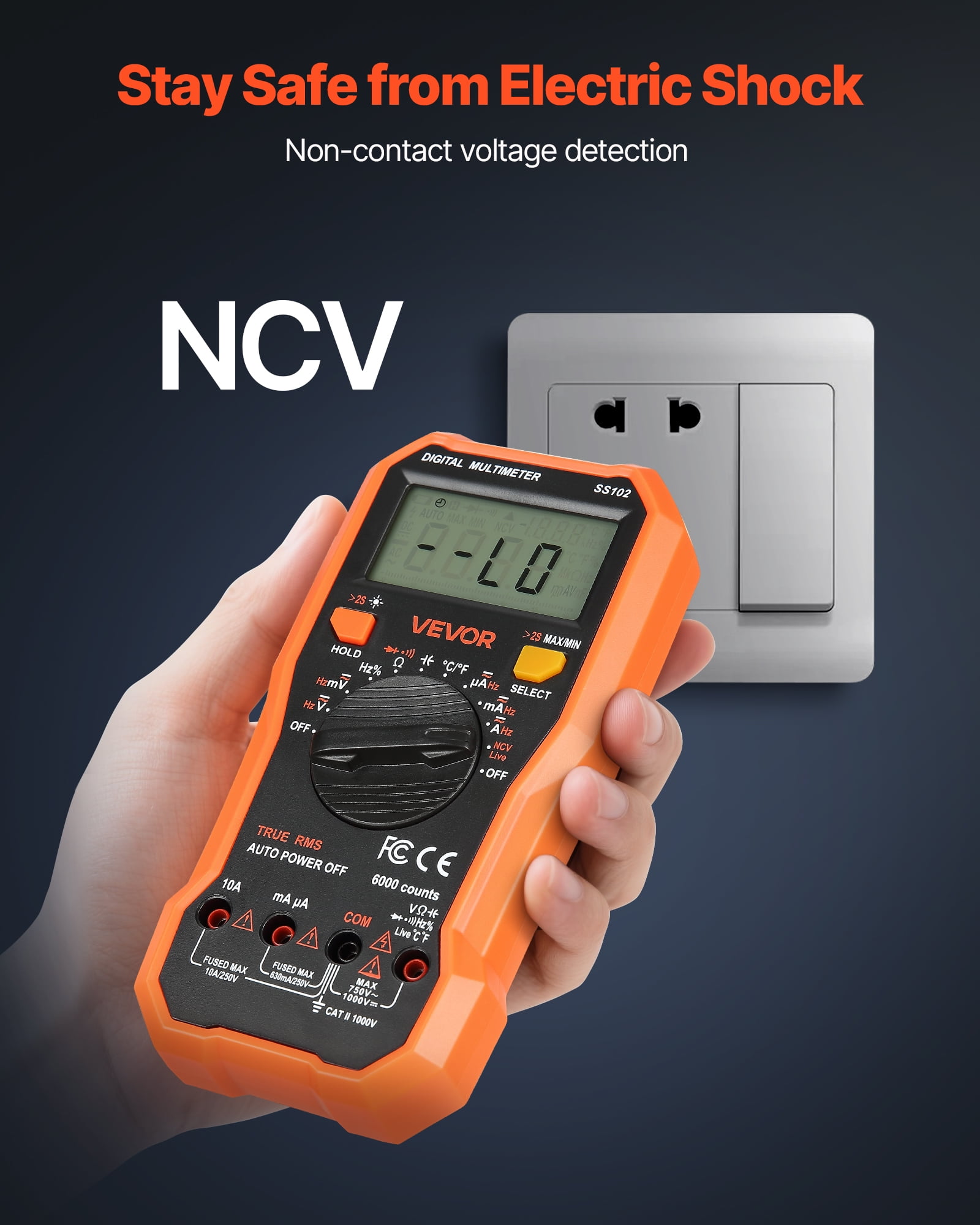 VEVOR Digital Multimeter,6000-Count TRMS DC/AC Voltmeter Current Tester,Professional NCV Multimeter for Current Voltage Resistance Capacitance Duty-Cycle Tempetature Diodes Continuity Live Wire Test