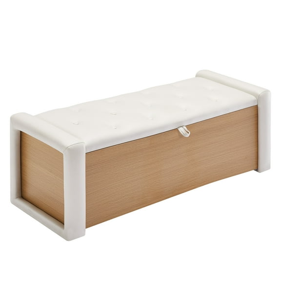 Storage Ottoman Bench, Upholstered Faux Leather Storage Bench，Beige Ottoman with Safety Hinge, End of Bed Storage Ottoman for Dorm，Living Room, Bedroom, Entryway