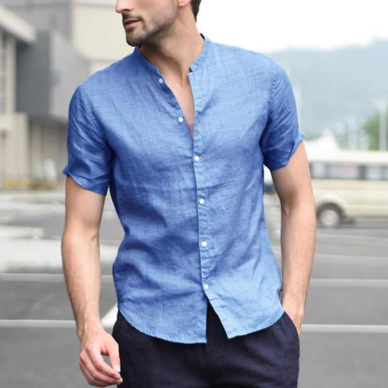 INCERUN Mens Collarless Short Sleeve 
