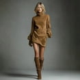 thumbnail image 5 of Women's Fashion Long Sleeve,Women's High-neck Suede Short Dress, Solid Color Long-sleeve Dress For Fall And Winter Light Brown, 5 of 6