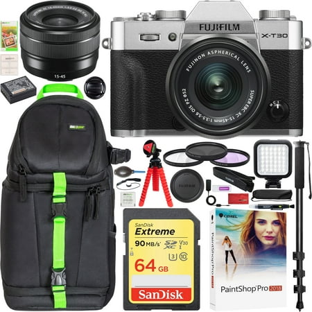 Fujifilm X-T30 Mirrorless 4K Wi-Fi Digital Camera Body with XC 15-45mm f/3.5-5.6 Lens Silver Travel Bundle Including Backpack + LED + 64GB + Filter Kit +