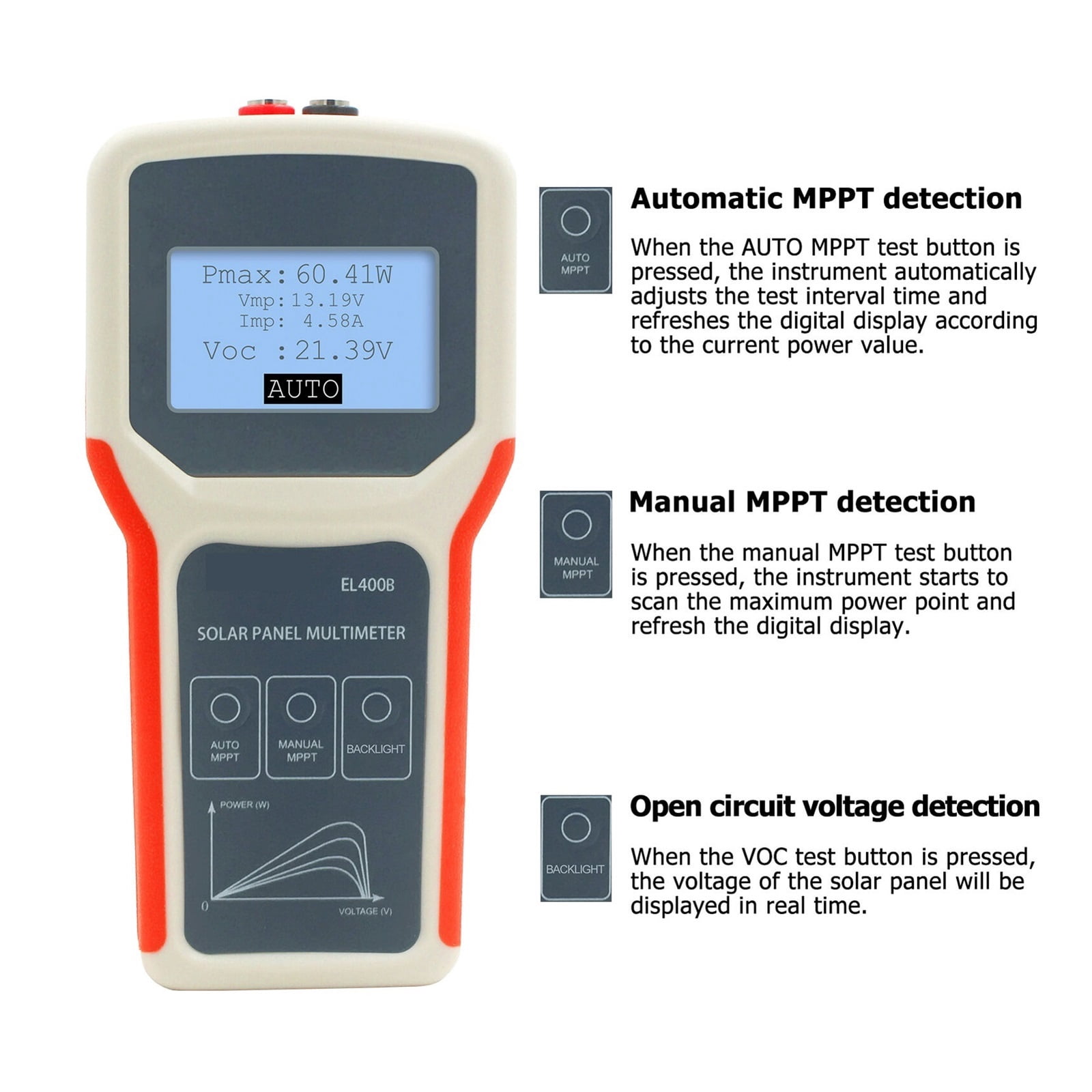 LCD MPPT Solar Panel Multimeter Smart Current Tester Voltage Tester Digital Power Meter Solar Panel Tester VOC Test Meter EL400B ,Easy to Use
