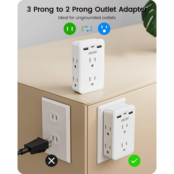 GHRTGR-2 to 3 Prong Outlet Adapter, 2 Prong Power Strip with 6 AC Sockets 3 USB Ports(1 USB C), 3-Sided Wall Plug Splitter, 1875W Max, Compact Adapter for Non-Grounded Outlets in Old Houses