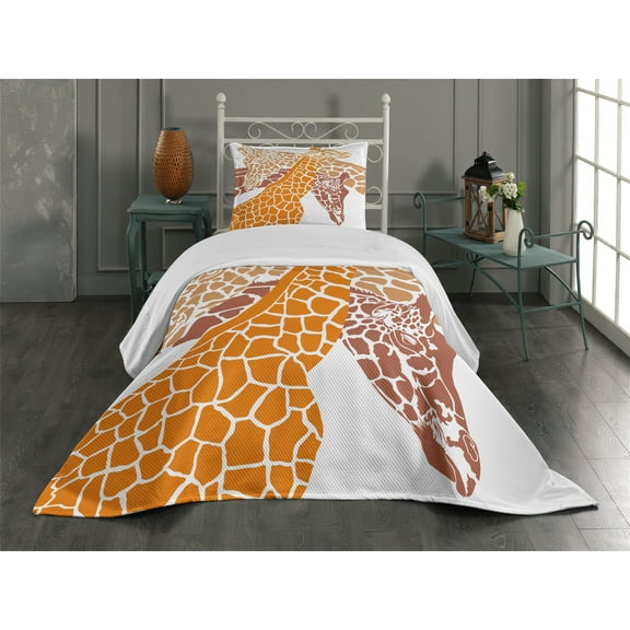 Ambesonne Giraffe Quilted Coverlet 2 Pcs, Wildlife in Africa, Twin Size, Orange White and Brown