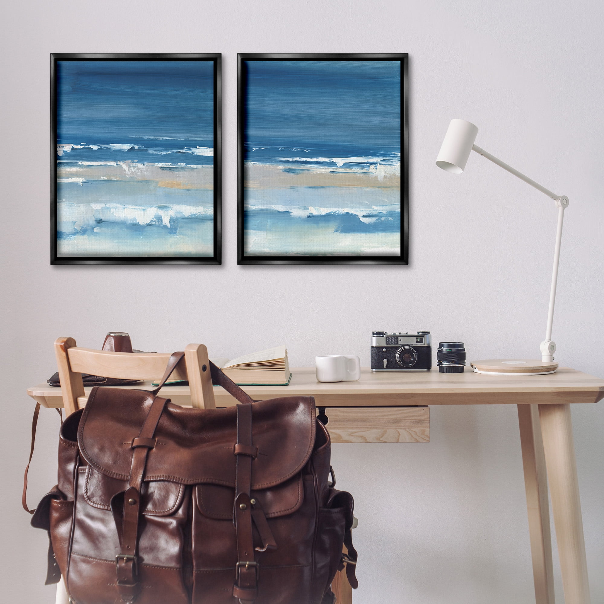 Stupell Industries Crashing Beach Wave Shore Nature Painting Black Floater Framed Canvas Art Print Wall Art, 25 x 31, Set of 2