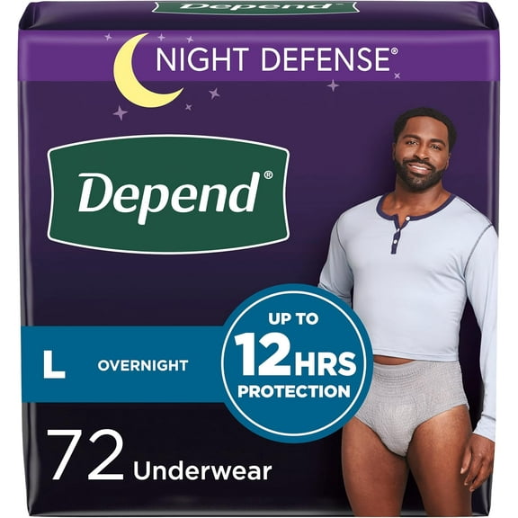 Depend Night Defense Adult Incontinence Underwear for Men, Disposable, Overnight, Large, Grey, 72 Count, Packaging May Vary