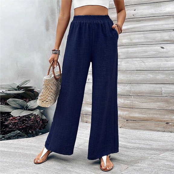 GuangCheng Elastic High Waist Trousers for Women Fall Lightweight Wide Leg Casual Loose Long Pants with Pockets