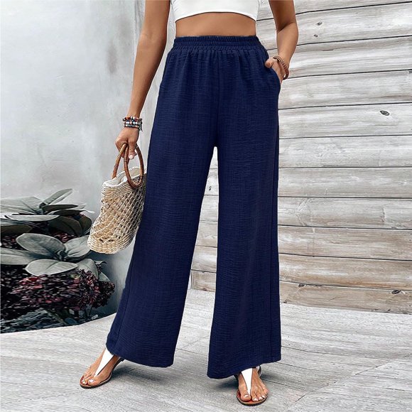 LOVZFMLL Women's Pants, Ladies' Solid Color Casual Versatile Elastic Waist Wide Leg Pants Navy, XL