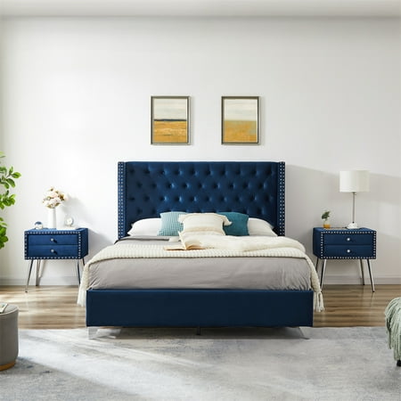 2 Piece Bedroom Sets with Queen Size Platform Bed and Nightstand  Button Tufted Upholstered Platform Bed with Nail Head Trim Headboard for Adults  No Box Spring Required  Blue