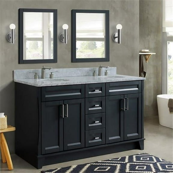 Bellaterra Home 400700-61D-DG-WMO 61 in. Double Oval Sink Vanity with Carrara Marble Top, Dark Gray & White