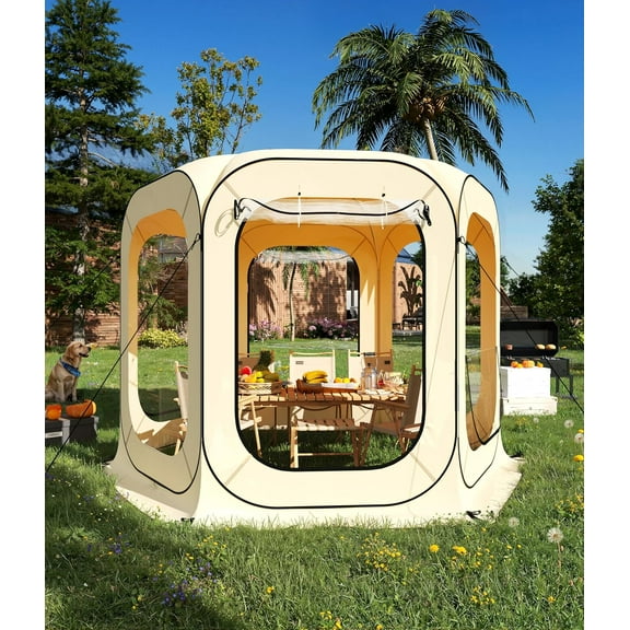 10x10 Ft Outdoor All Weather Pop Up Tent, 6-8 Person Instant Tent Shelter, Rainproof Camping Sun Shelter Coldproof & Windproof for Patio, Backyard, Deck, Sports Events, Beige