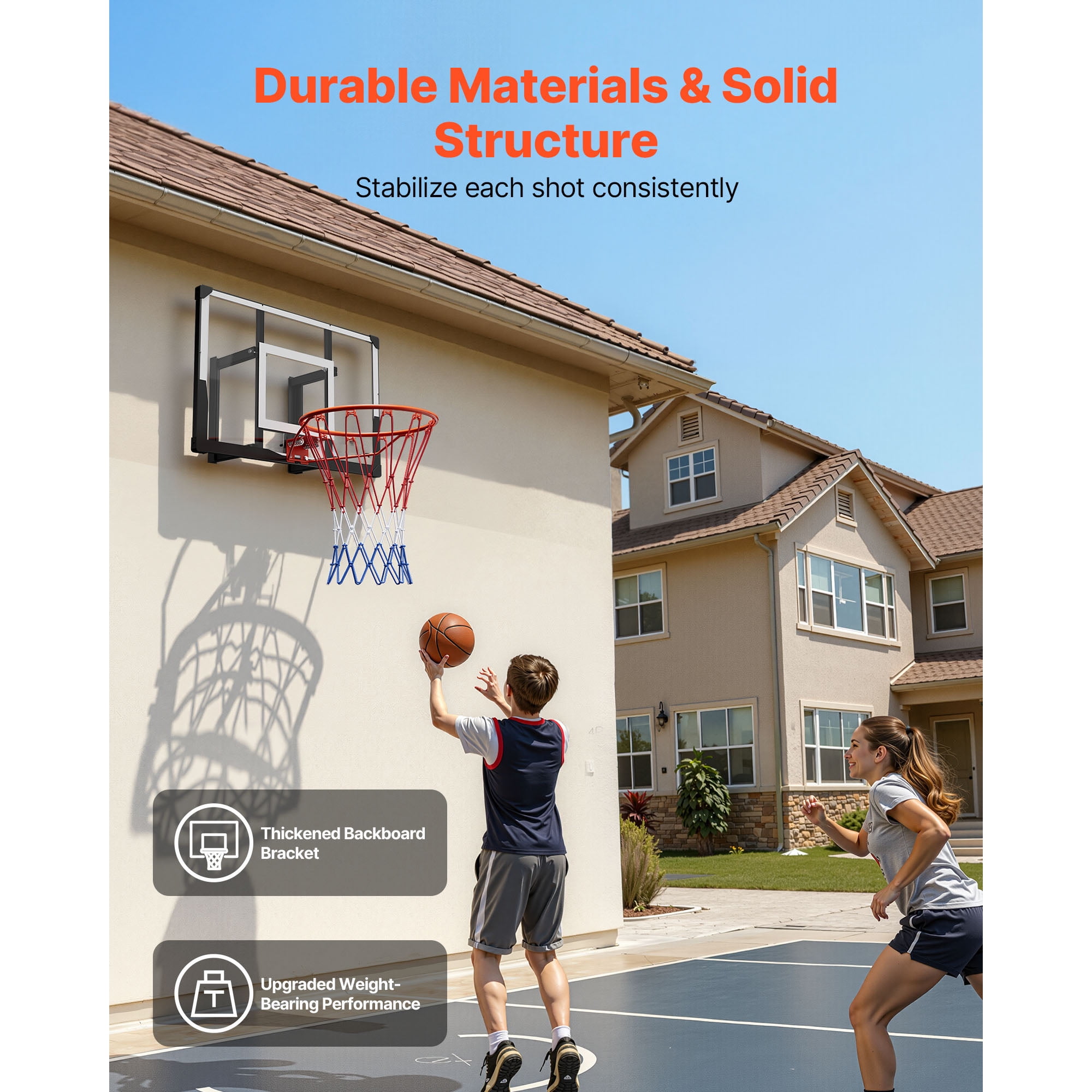 KFFKFF Wall-Mounted Basketball Hoop, 44-inch PC Backboard with Durable Steel Frame, 0.08-inch Thick Backboard, Reinforced Nylon Net, Suitable for Indoor and Outdoor Play