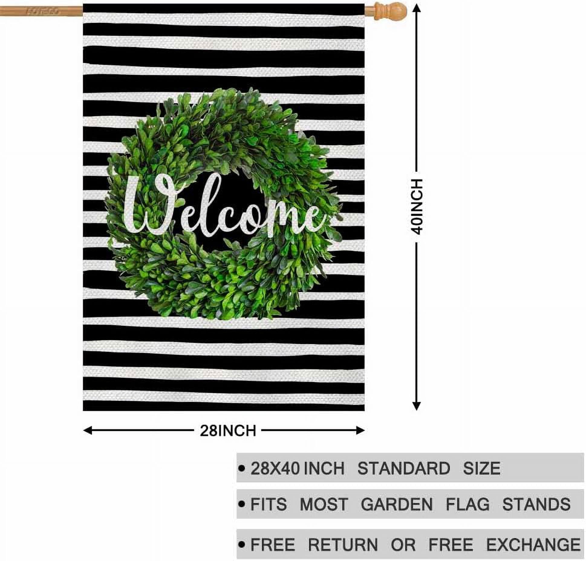 Boxwood Wreath Welcome House Flag 28 x 40 Inch Large Vertical Double Sided Black and White Stripes Background Seasonal Outside Décor for Garden Yard Farmhouse Flags