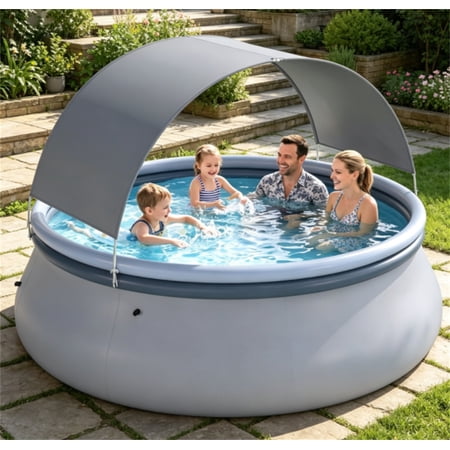 HiiKaa 118" x 68" Large Capacity Outdoor Inflatable Pool with Sunshade Tent,Tear-Resistant PVC Blow-Up Pool with Repair Kit,6-Person Portable Family Swimming Pool,4-Step Inflation,3-Outlet Drainage