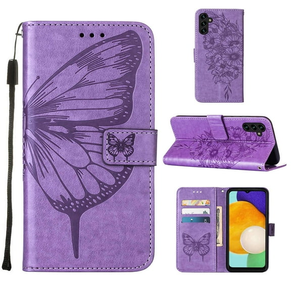 SaniMore Case for Samsung Galaxy A05S (6.7" 2023), PU Leather Full-body Protective Cover with Luxury Embossed Butterfly [Wrist Strap & Card Slots & Flip Kickstand] Shockproof Wallet Cover, Lightpurple