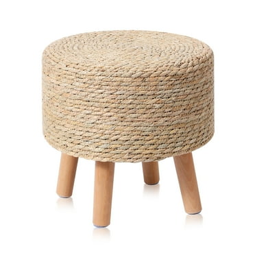 Foot Stool Ottoman Natural Seagrass Hand Weave, Poufs Wicker Round Ottoman for Couch Desk Soft Step Stool Padded Foot Rest with 4 Non-Skid Wood Legs for Living Room, Bedroom, Entryway
