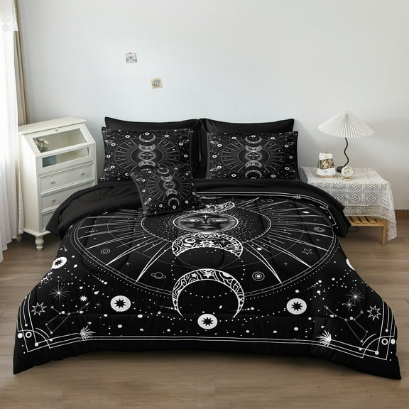 Sun and Moon Comforter Set Queen Size Boho Hippie Bedding Cosmos Celestial Decor Soft Cozy Galaxy Bed Set 8 Pcs Queen Bed in a Bag Black and White Galaxy Comforter Set 8 Pieces with 1 Comforter 4 Pil