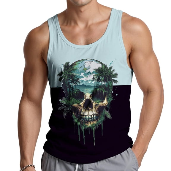 HCYSFG Men's Skull and Floral Print Tank Top Casual Crew Neck Sleeveless Muscle Shirt Graphic Gothic Tropical Summer Vest for Men Breathable Beach Top