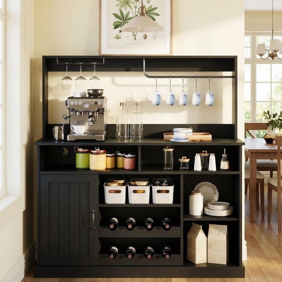Black 47" Farmhouse Coffee Bar Cabinet with Storage, Buffet Cabinet with Goblet Holder, 5Hooks, Power Outlets, Sideboard Cabinet Coffee Bar Table with Adjustable Shelves for Kitchen & Living Room