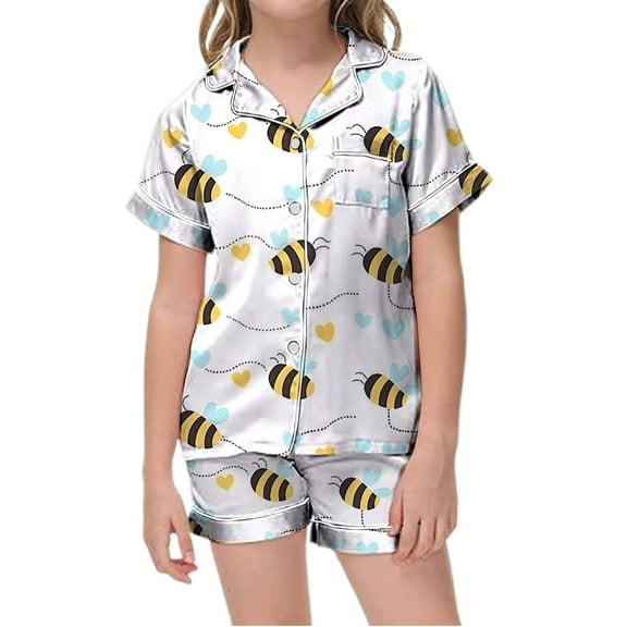 SUXIAN Girls Print Short Sleeve Buttoned Pajama Set with Pockets Comfortable Home Loungewear for Ages 2-13 Girls Pajamas White_#4 8-9 Years