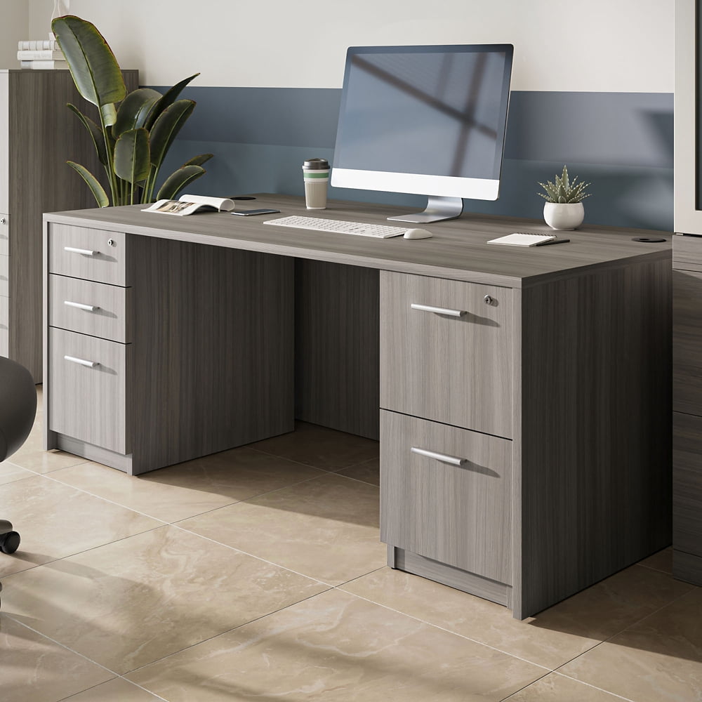 NBF Double Pedestal Executive Office Desk - Durable Laminate Computer Desk With Two Drawers - Office Desk with Storage and File Cabinet - Gray Finish Work Desk for Home (72" W)