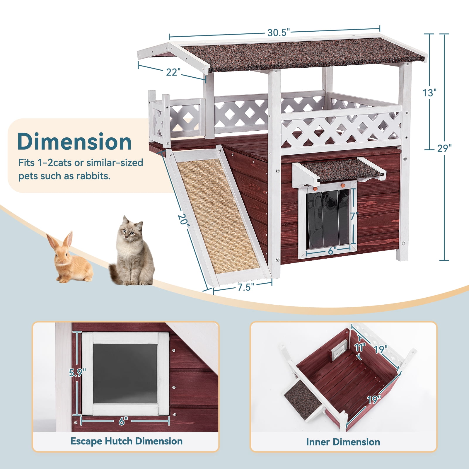 Petsfit 2-Story Outdoor Cat House with Scratching Board & Stairs, Red