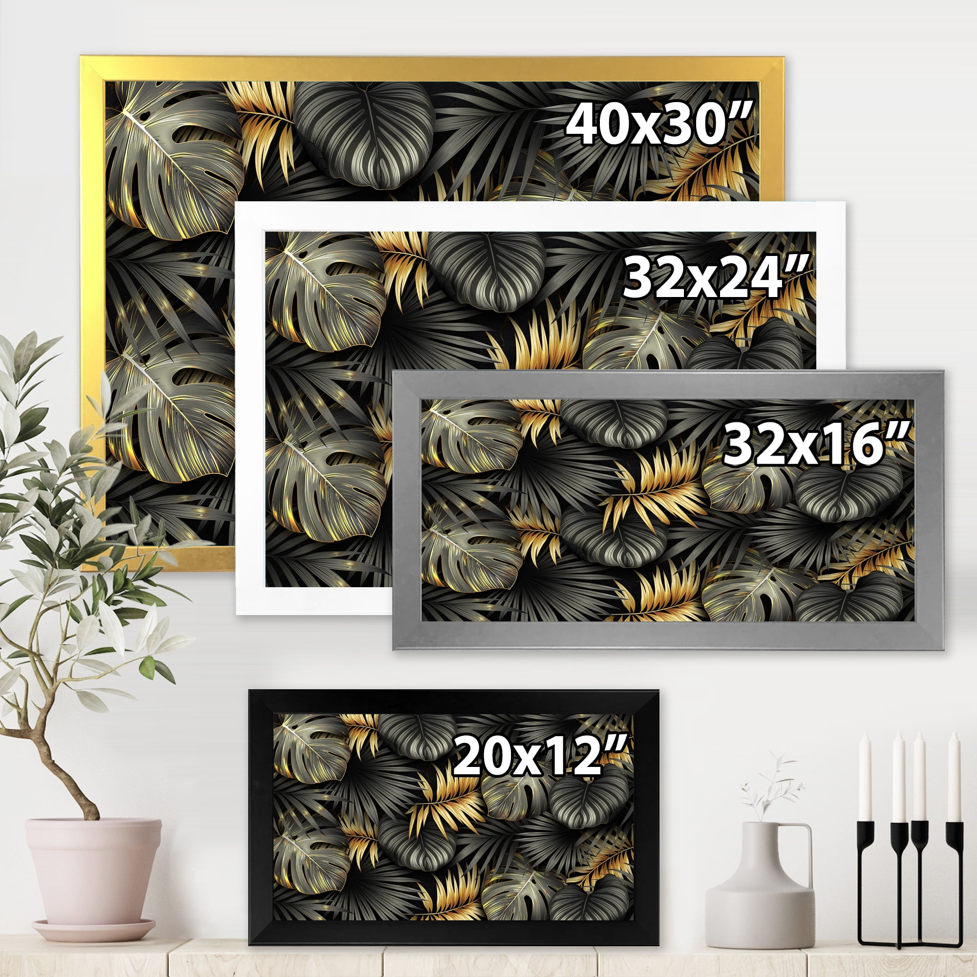 Designart 'Gold and Black Tropical Leaves II' Modern Framed Art Print