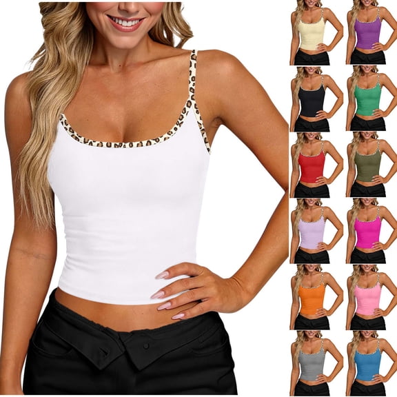 Sevevn Women’s Leopard Trim Tank Top Sleeveless Fitted Crop Cami Shirt Soft Stretch Casual Summer Top for Workout, Streetwear, Daily Wear White M