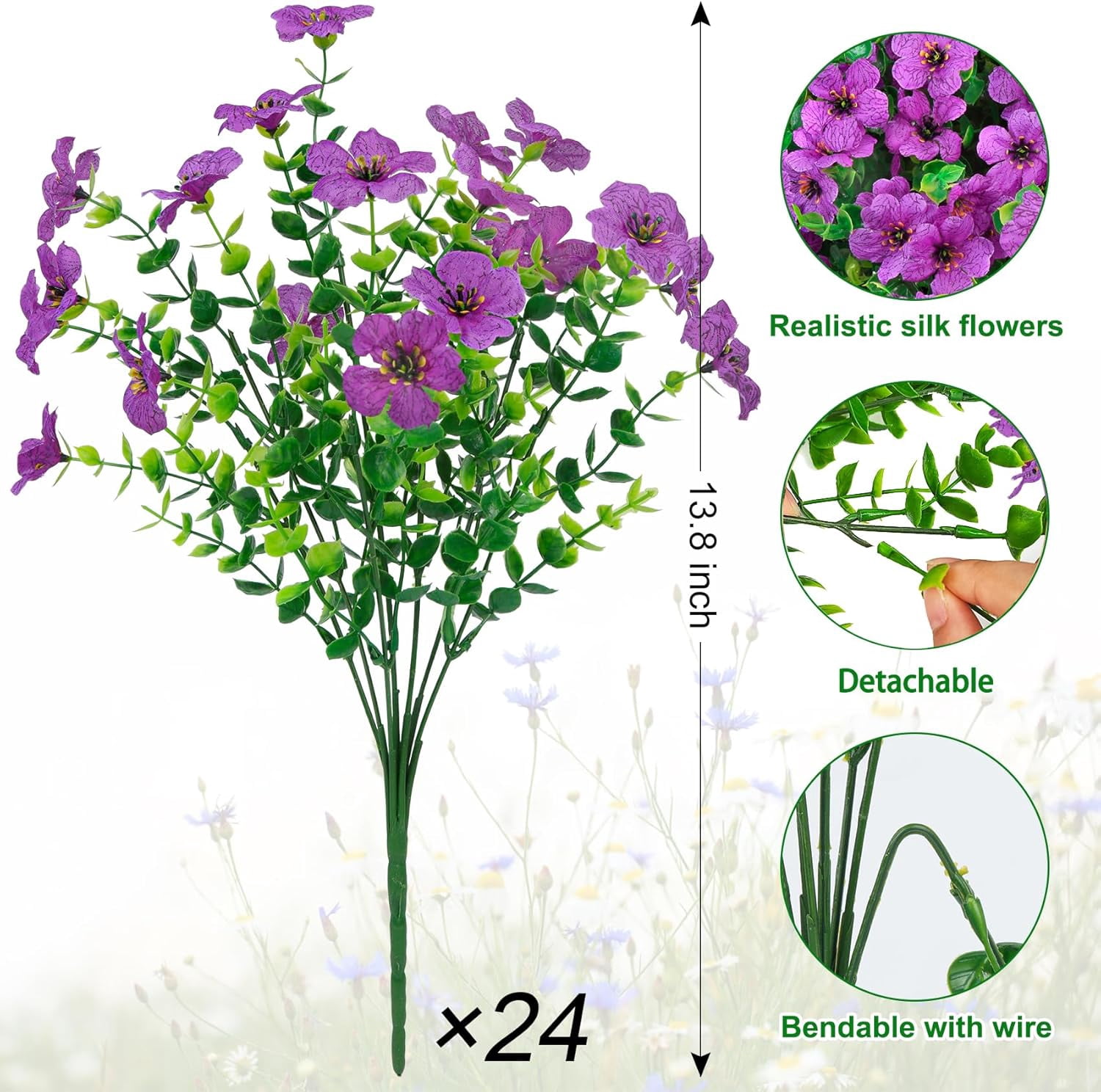 24 Bundles Artificial Flowers for Outdoors Fake Silk Flowers UV Resistant Faux Plastic Plants for Spring Summer Garden Porch Window Box Table Vase Home Indoor Outdoor Decoration, Purple