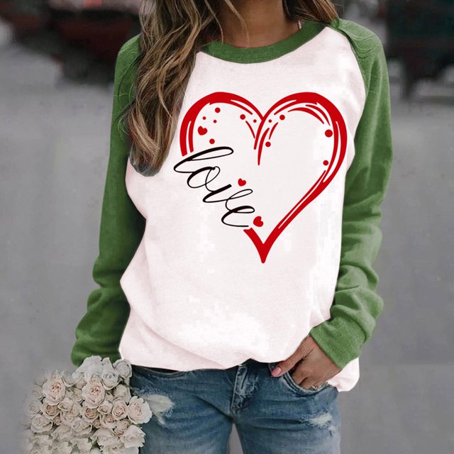 Meichang Chandails en Molleton Graphiques pour Femmes, Chandail Patchwork Cœur Mignon, Col Rond Décontracté, Manches Longues, Printemps Hiver, Mode Urbaine