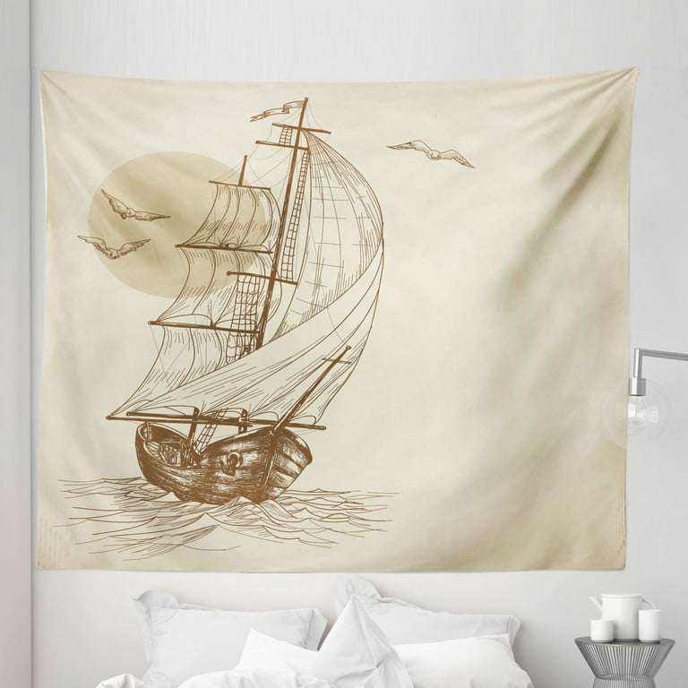 Nautical Tapestry Sailing Ship Floating on Wavy Ocean Sketch Art Flying Birds Sunset Scenery Fabric Wall Hanging Decor for Bedroom Living Room Dorm 5 Sizes Tan Brown by Ambesonne Walmart