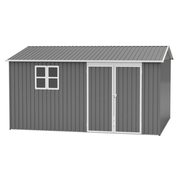 12x10 FT Metal Garden Shed Outdoor with Lockable Doors, Waterproof Steel Utility Storage Building for Backyard, Heavy Duty & Grey