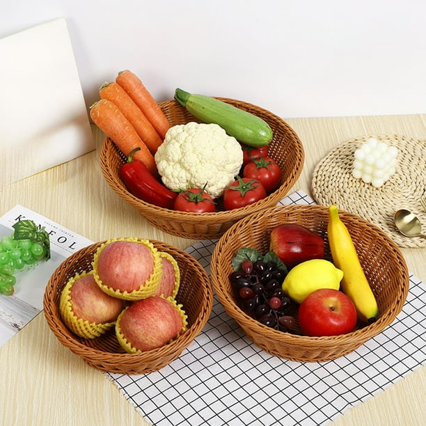 Cesta de almacenamiento de plástico imitación de ratán redonda 13,8"x3,5" | Bandejas organizadoras de frutas y verduras | Diseño de tejido multifuncional duradero | Portachuchones para snacks