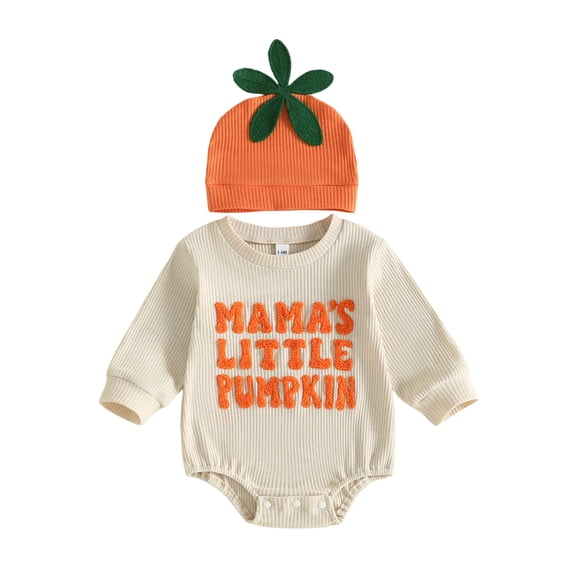 Cjfdfy Newborn Baby Boys Girls Halloween Romper Mama's Little Pumpkin Embroidery Long Sleeve Waffle Knit Bodysuit And Hat Infant Cute My First Halloween Fall Winter Outfit 0-18M