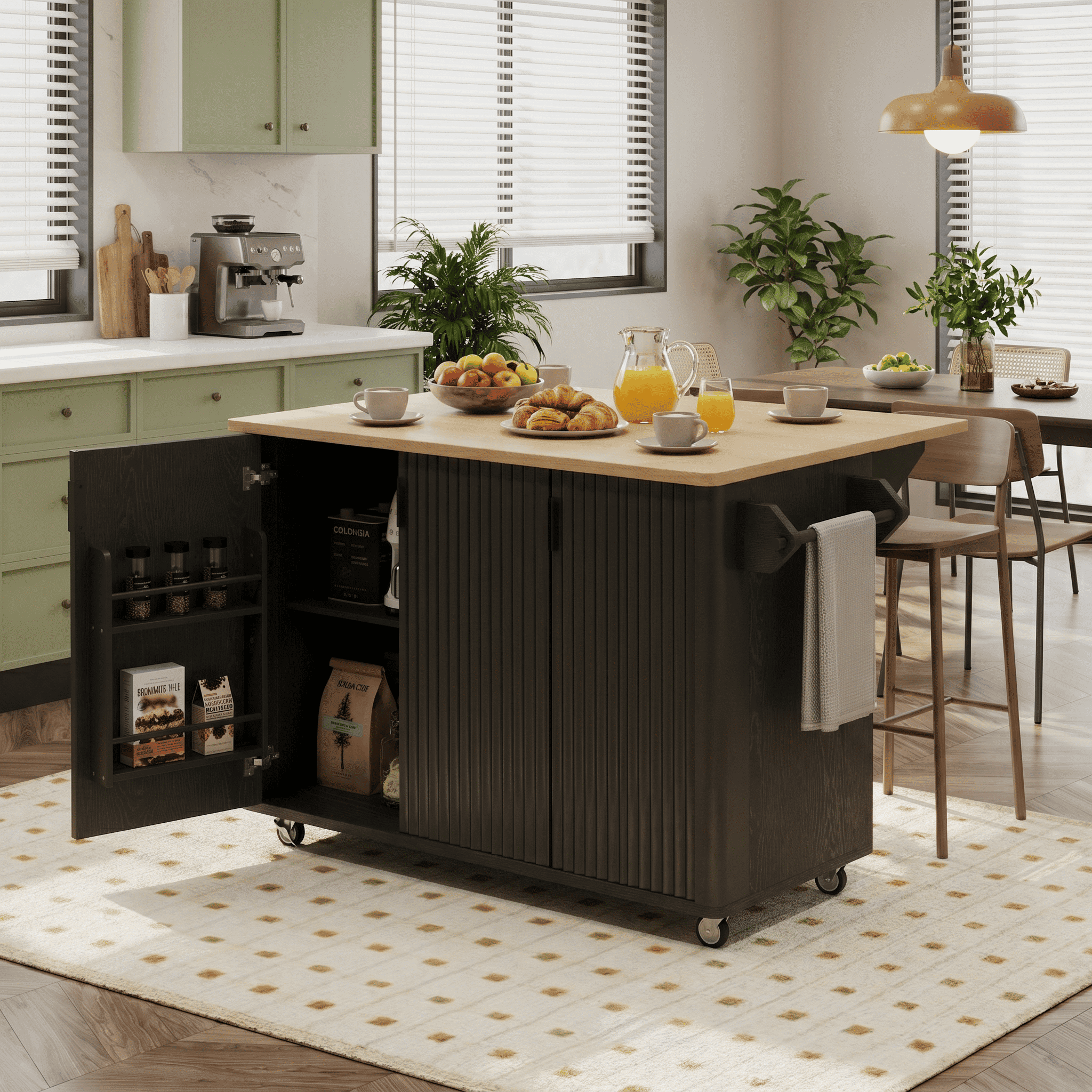 Homy Casa 51.3" Black Rolling Kitchen Island with Drop Leaf, Storage Cabinet and Adjustable Shelves