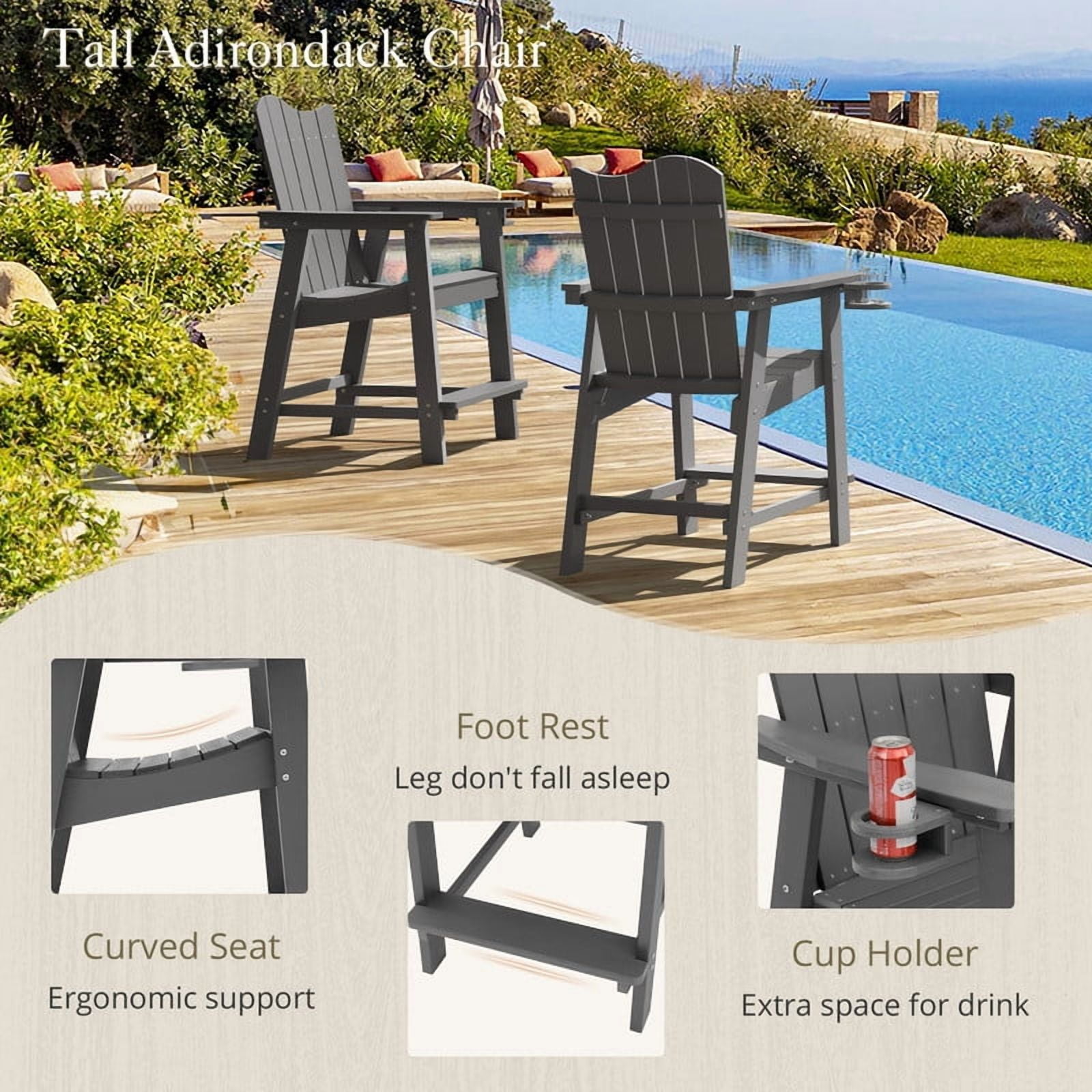 Dycanpo 25.6'' Tall Adirondack Chair with Cup Holder,All-Weather Outdoor Bar Stools,HDPS-Dark Gray
