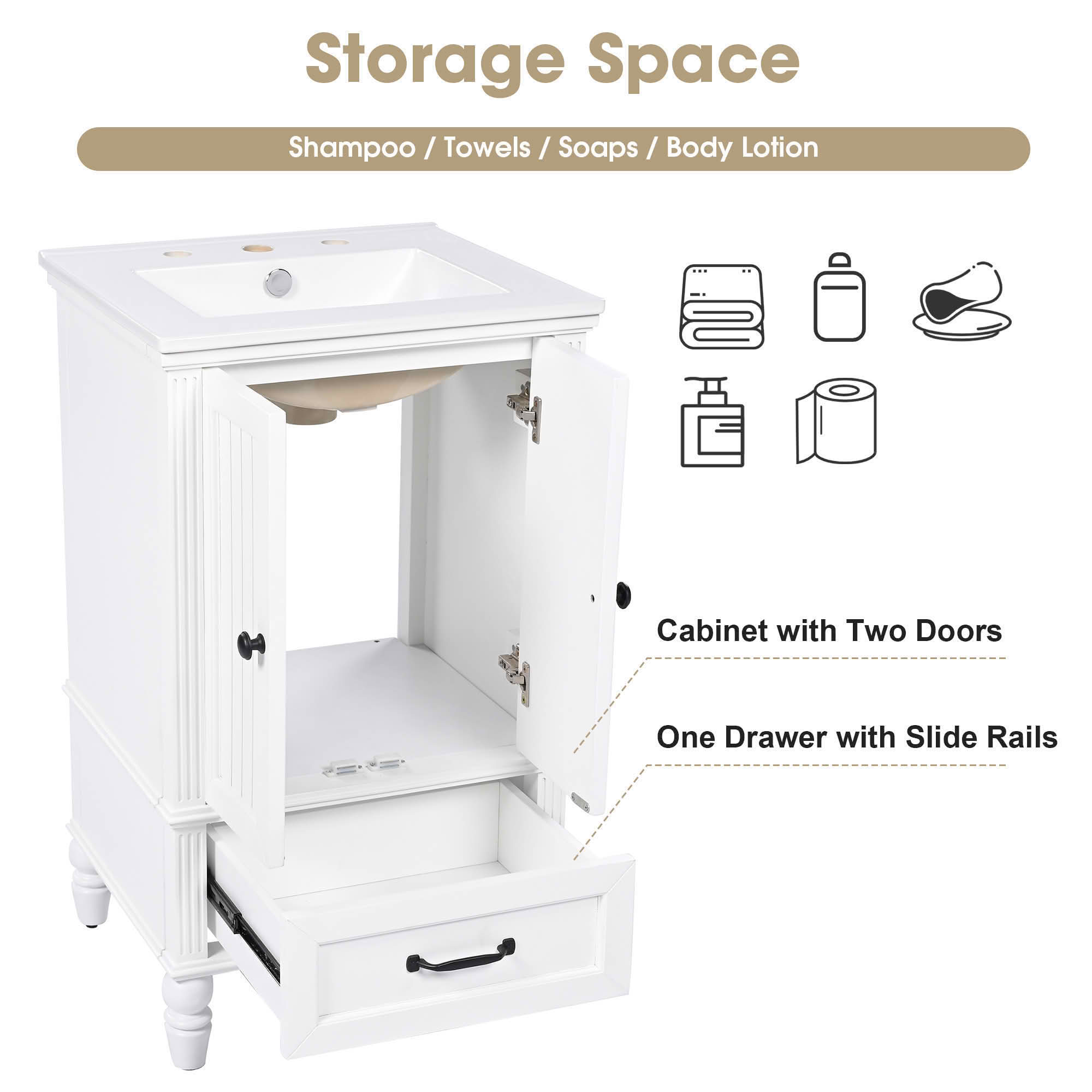 MAYEERTY 20" Bathroom Vanity with Sink 2 Doors Magnetic Stopper Adjustable Foot Pads Drawer White