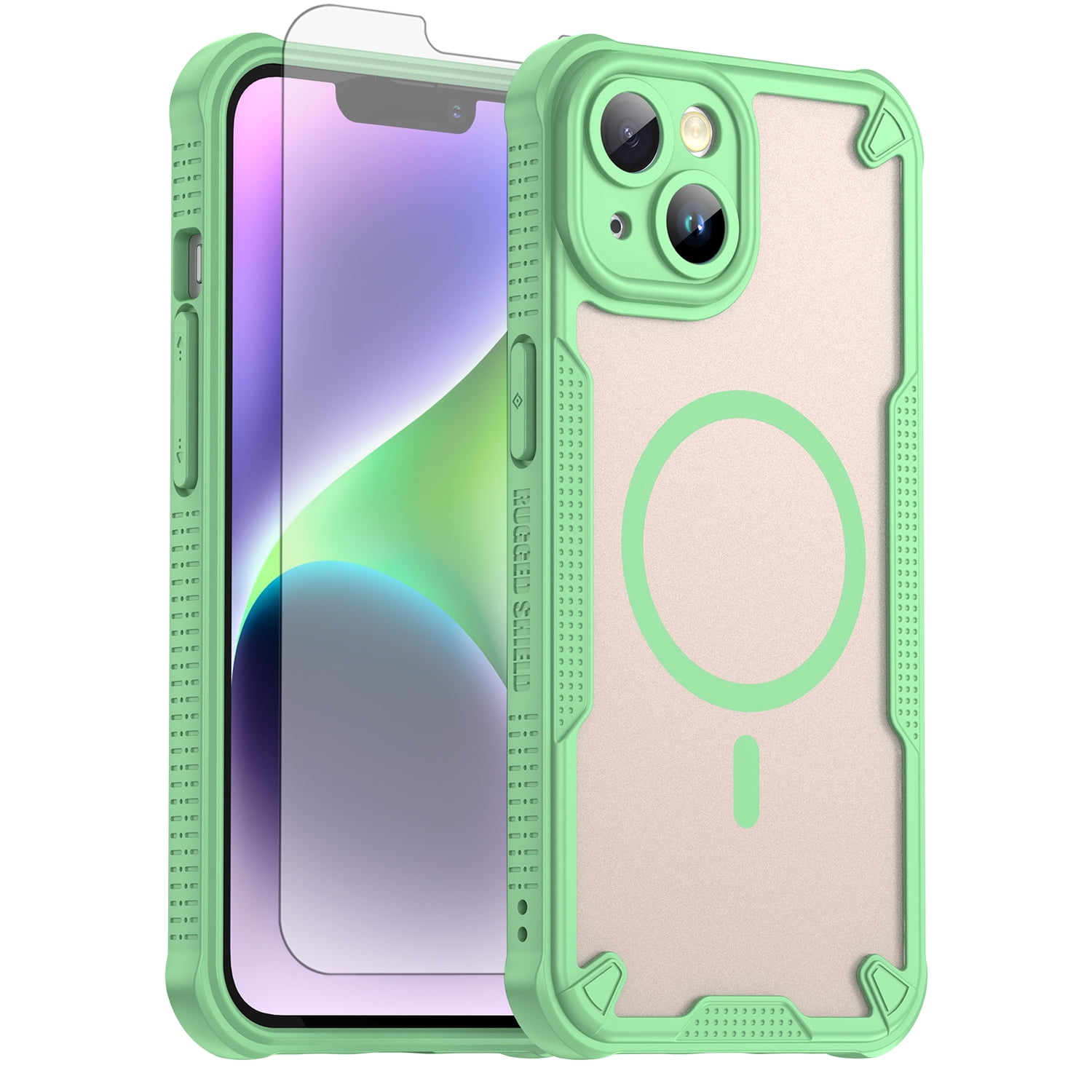 Asuwish Phone Case for iPhone 14 6.1 inch Compatible with Magsafe Magnetic Tempered Glass Screen Protector Translucent Matte Back Shockproof Protective Cell Cover iPhone14 5G i14Case Women Men Green