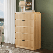 SELOOYE Fluted 5 Drawers Dresser for Bedroom, 47 Tall Modern Dresser Chest of Drawers, Black Accents, Fluted Fronts, Wood Storage Dressers Organizer for Bedroom, Living Room, Natural