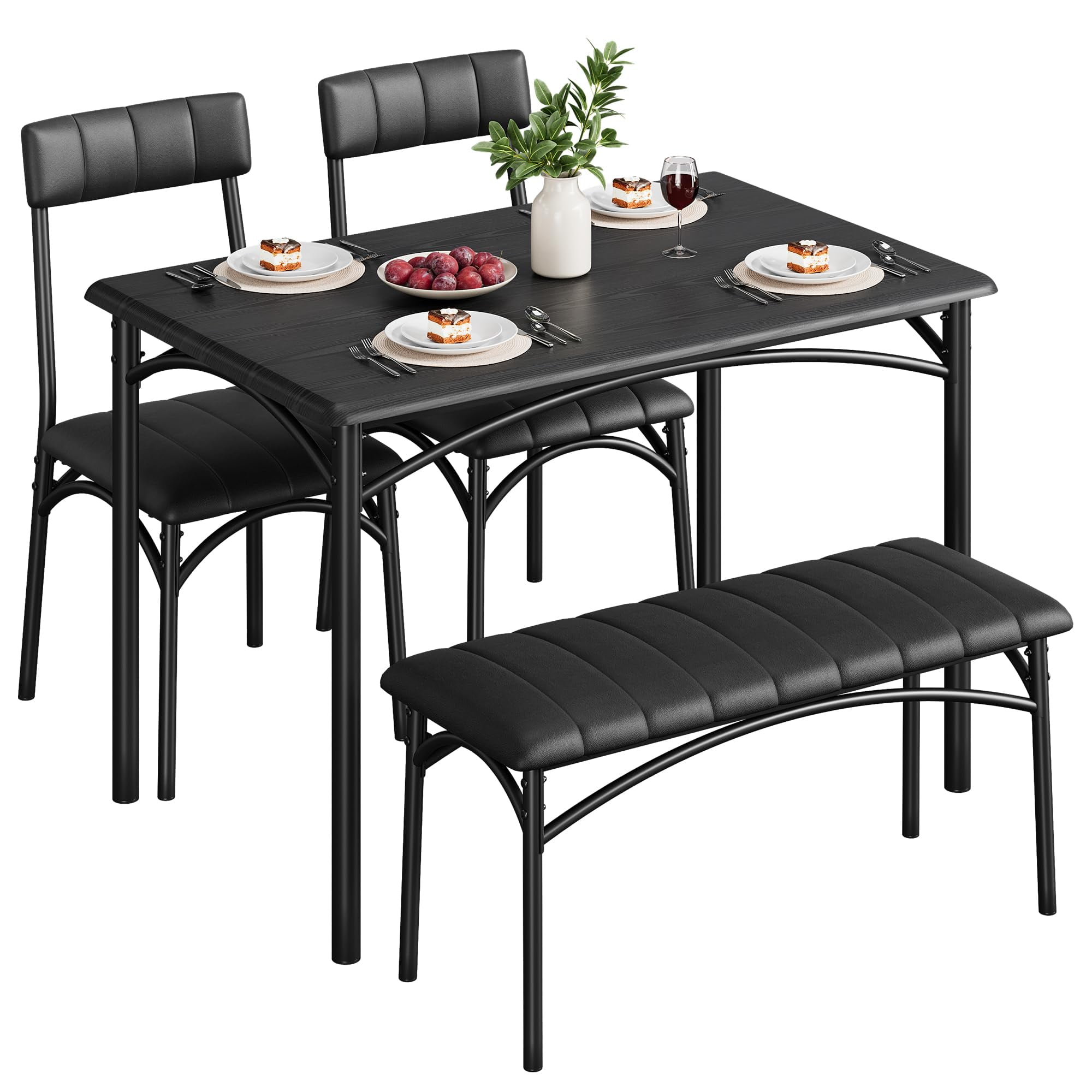 TROPOW Dining Table Set for 4, Kitchen Table with Upholstered Bench and 2 Chairs, Kitchen Table and Chairs Set, for Small Space, Apartment, Home, Kitchen,Black
